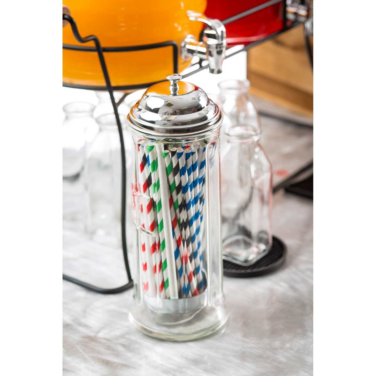 Tablecraft Clear Glass Straw Dispenser with Chrome Plated Top, 4.375 x 4.375 x 11.25 inch -- 6 per case
