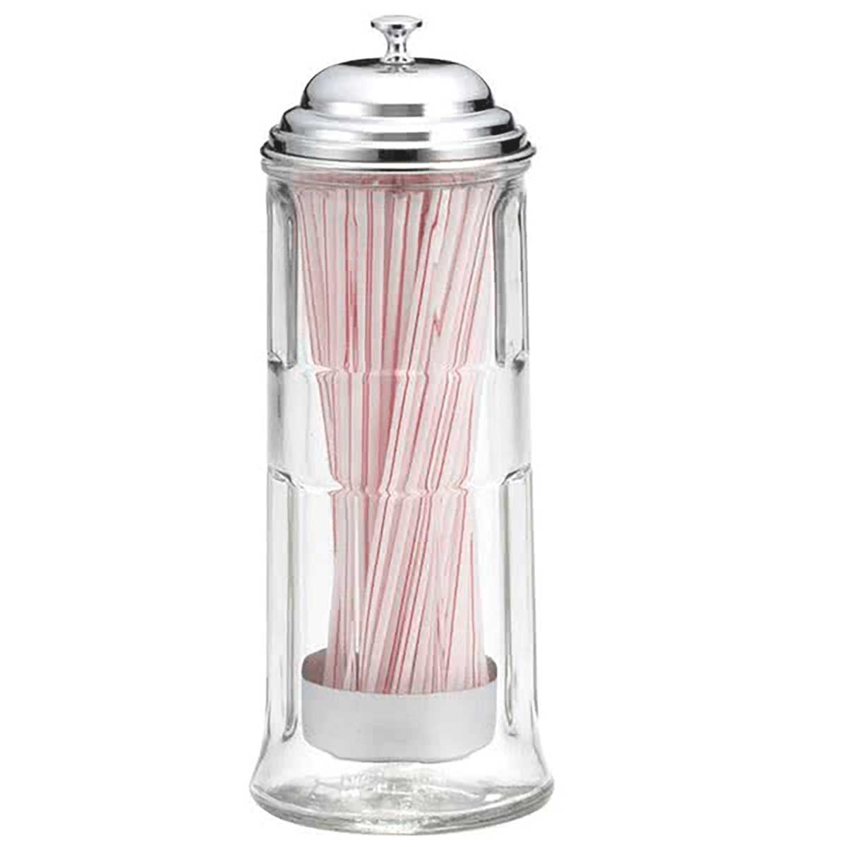 Tablecraft Chrome Plated Top Glass Straw Dispenser, 4.375 x 4.375 x 11.25 inch -- 6 per case