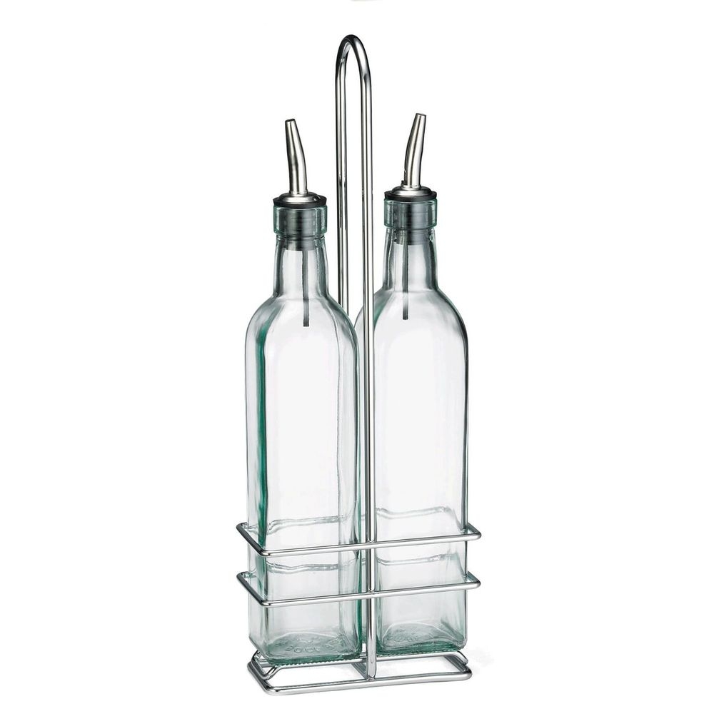 Tablecraft Prima Collection 16 Ounce Green Tinted Glass Pourer Bottles with Chrome Plated Rack, 5.125 x 2.75 x 15 inch -- 6 per case