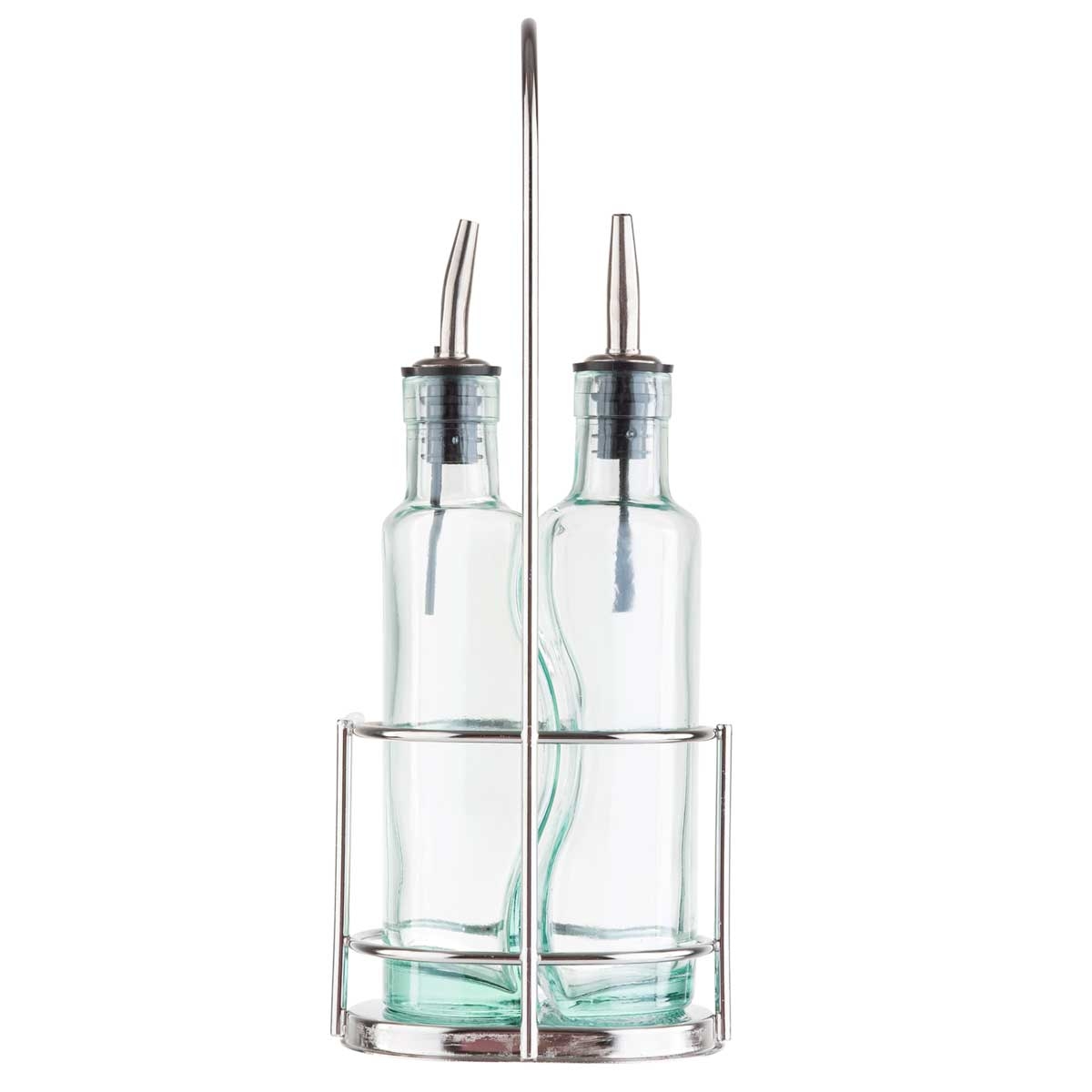 Tablecraft Gemelli Collection 8.5 Ounce Green Tinted Glass Pourer Bottles with Chrome Plated Rack, 4.75 x 3.5 x 12 inch -- 6 per case