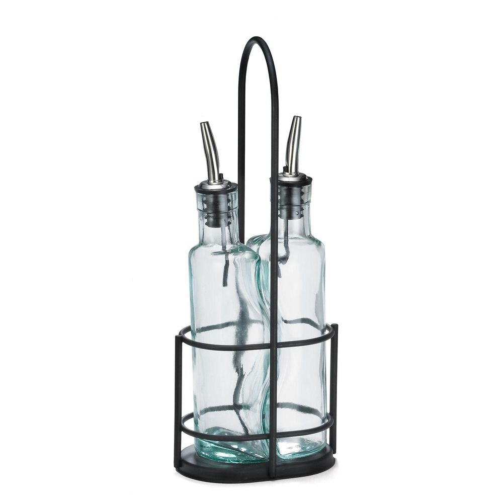 Tablecraft Gemelli Collection 8.5 Ounce Green Tinted Glass Pourer Bottles with Black Powder Coated Metal Rack, 4.75 x 3.5 x 12 inch -- 6 per case