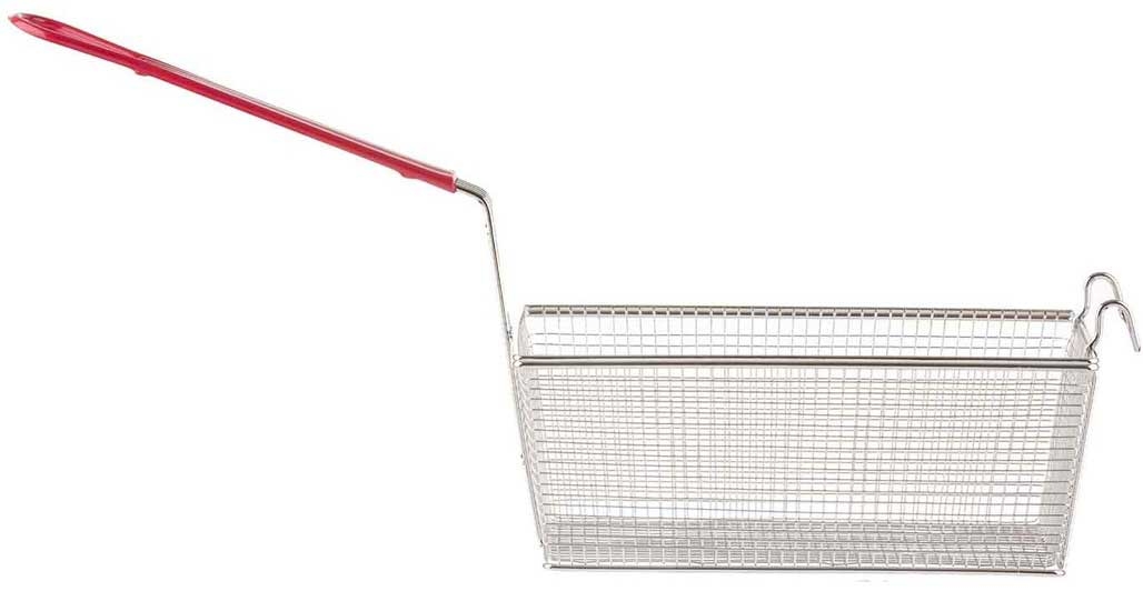 Tablecraft Nickel Plated Mesh Rectangular Fry Basket with Red Vinyl Handle, 12.875 x 6.5 x 5.375 inch