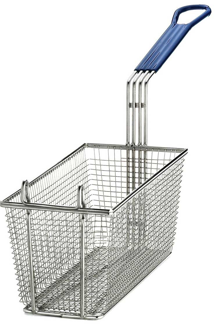 Tablecraft Nickel Plated Mesh Rectangular Fry Basket with Blue Vinyl Handle, 25.5 x 5.75 x 5.75 inch
