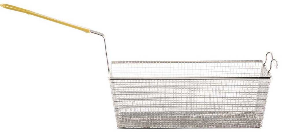 Tablecraft Nickel Plated Mesh Rectangular Fry Basket with Yellow Vinyl Handle, 31 x 8.25 x 11 inch
