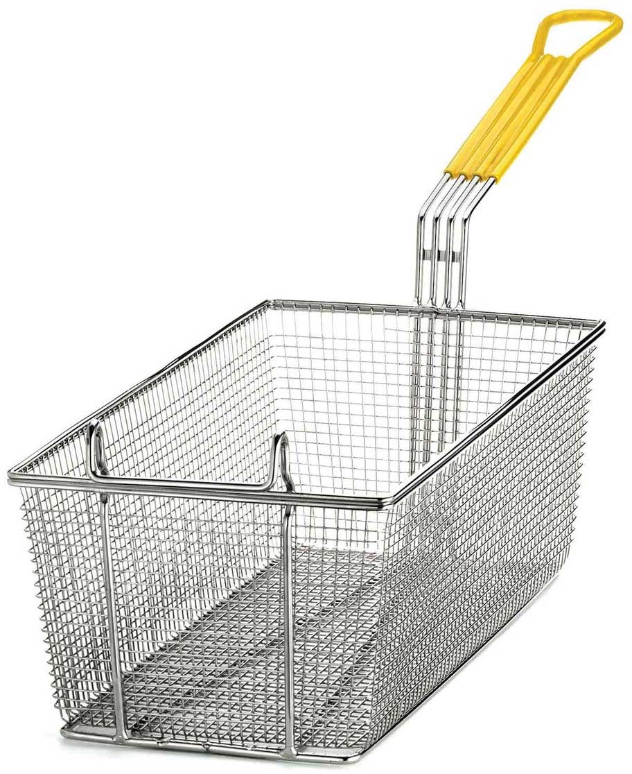 Tablecraft Nickel Plated Mesh Rectangular Fry Basket with Yellow Vinyl Handle, 31 x 8.25 x 11 inch