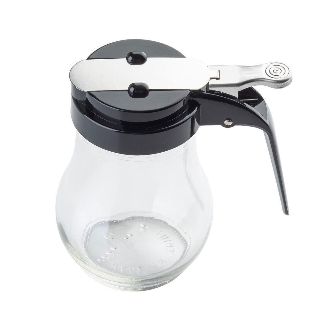 Tablecraft Teardrop Glass Syrup Dispenser with Black ABS Top, 6 Ounce Capacity -- 12 per case