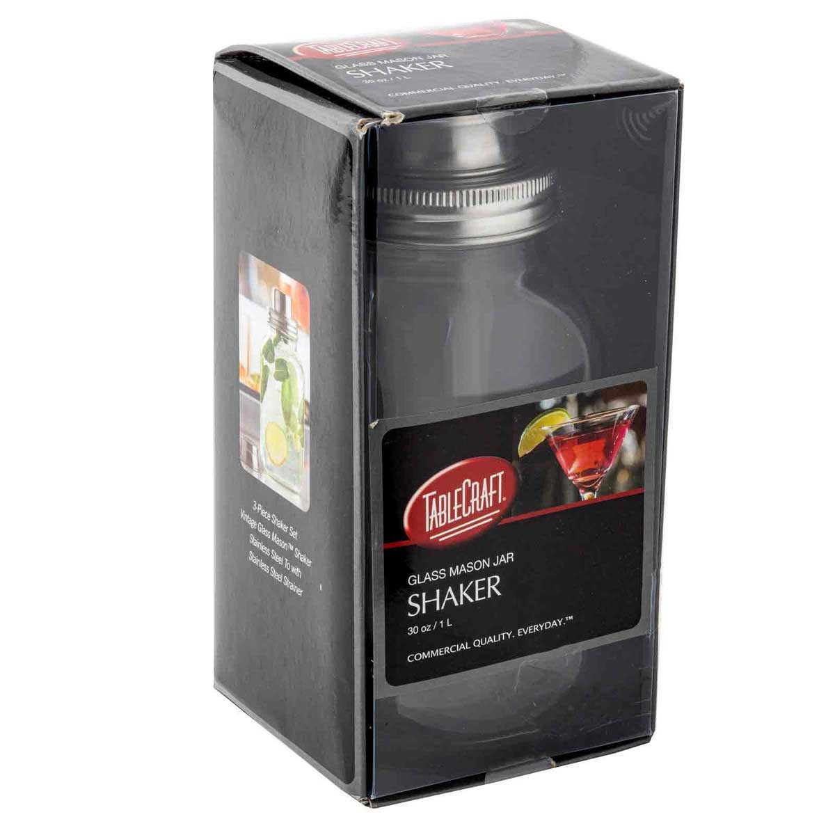 Tablecraft 3 Piece Glass Mason Jar Cocktail Shaker, 30 Ounce Capacity