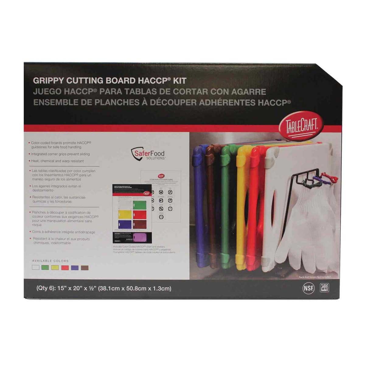 Tablecraft Grippy Polypropylene Color Coded 6 Piece Cutting Board Kit, 20 x 15 x 0.625 inch