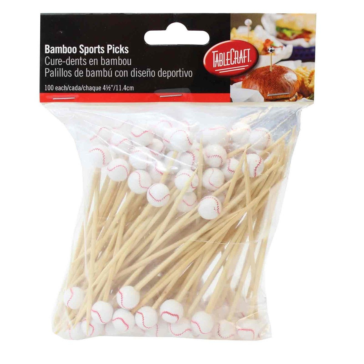 Tablecraft Bamboo Baseball Sport Pick, 4.5 inch - 100 count per pack -- 12 packs per case.