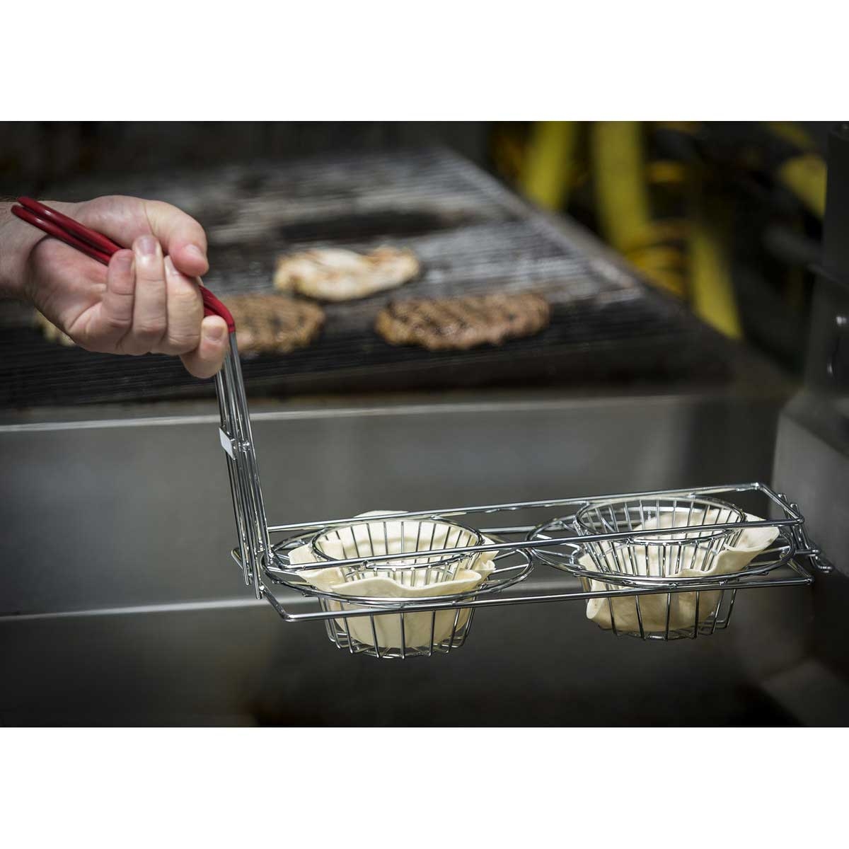 Tablecraft Nickel Plated Steel 6 inch Double Cup Tortilla Fry Basket with Red Vinyl Handle, 20.75 x 5 x 10 inch