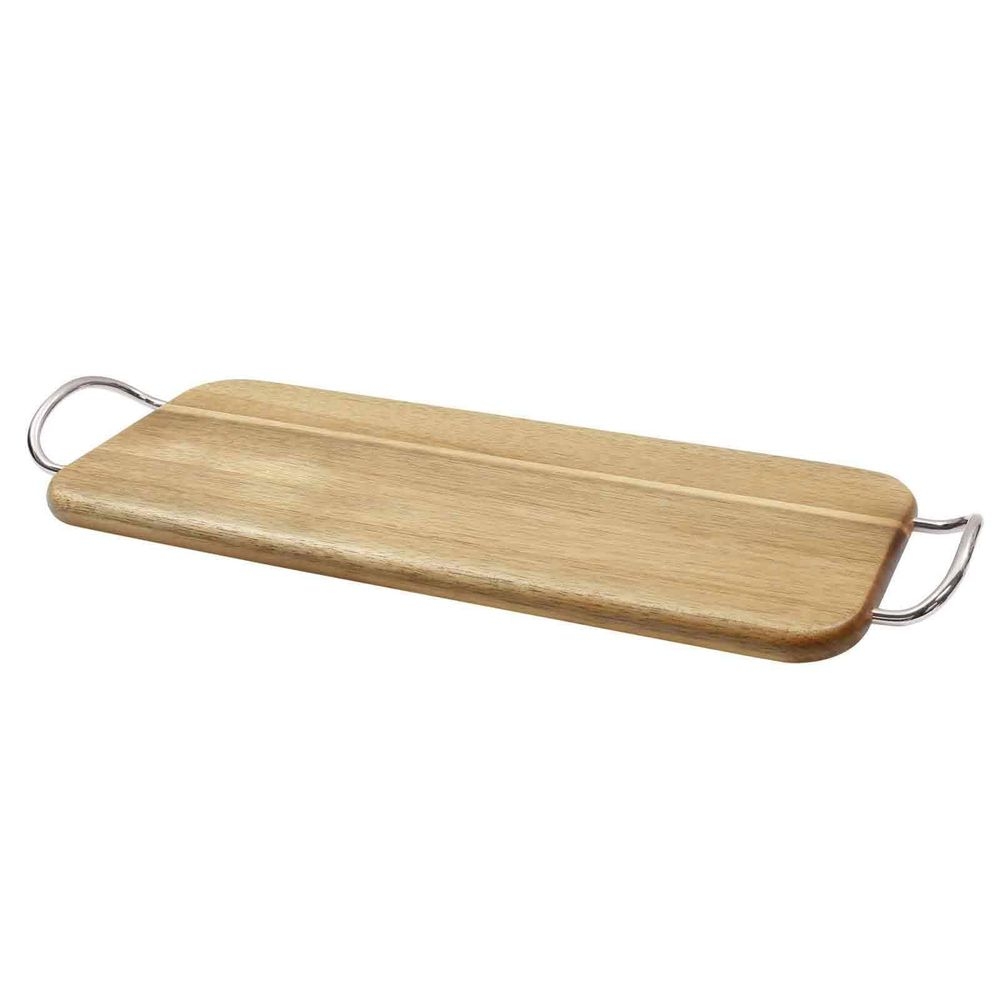 Tablecraft Acacia Collection Rectangular Wood Serving Board with Brushed Nickel Plated Handle, 16.5 x 6.125 x 1.25 inch