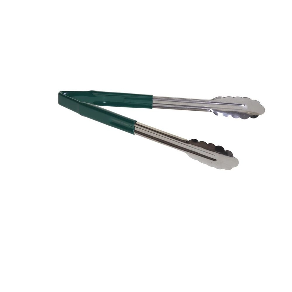 Tablecraft Stainless Steel Vinyl-Coated V-Hinge Tong with Green Handle, 12 inch