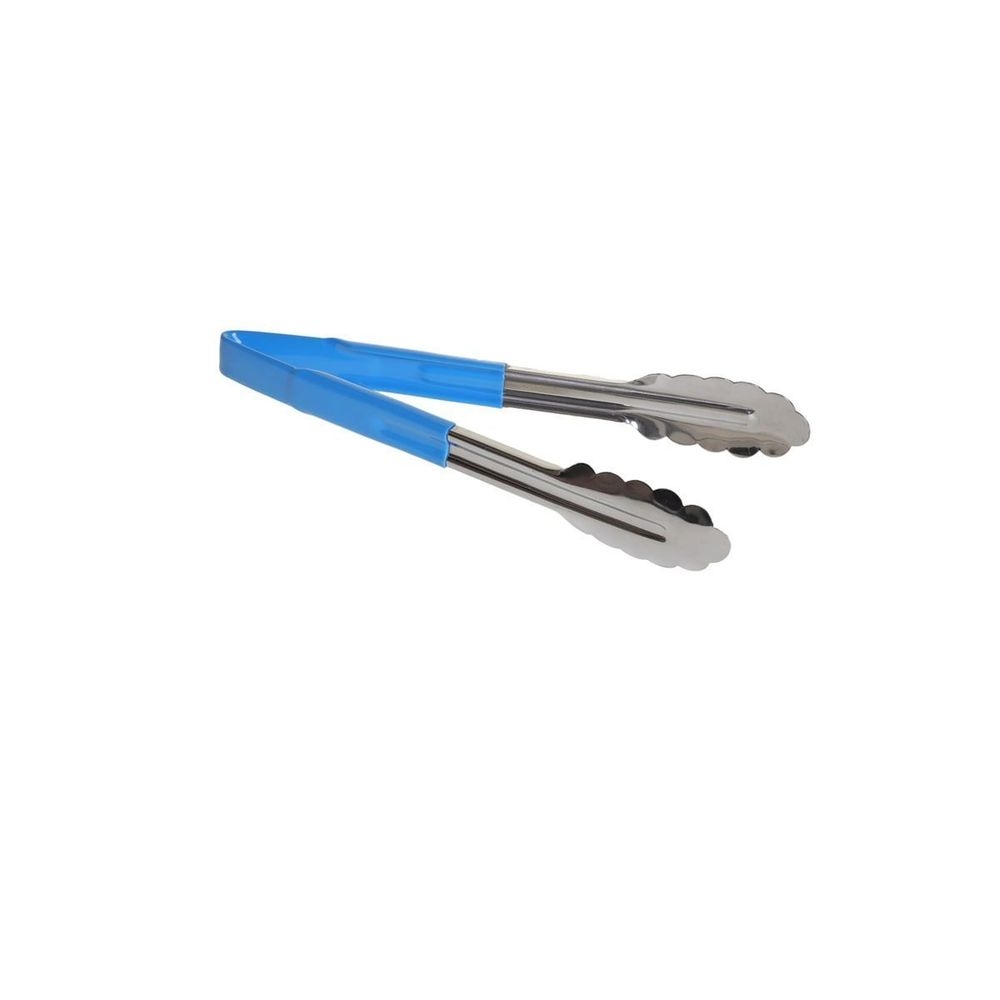 Tablecraft Stainless Steel Vinyl-Coated V-Hinge Tong with Blue Handle, 9 inch