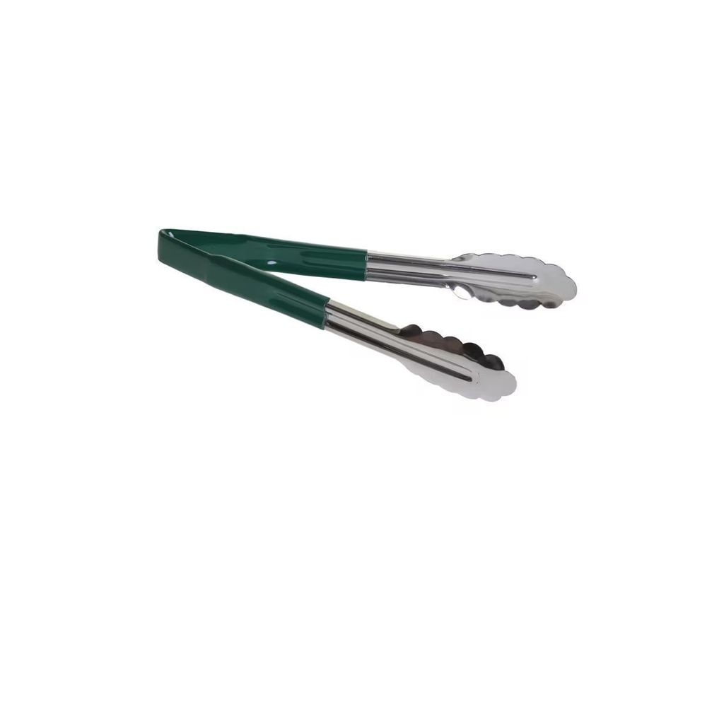 Tablecraft Stainless Steel Vinyl-Coated V-Hinge Tong with Green Handle, 9 inch