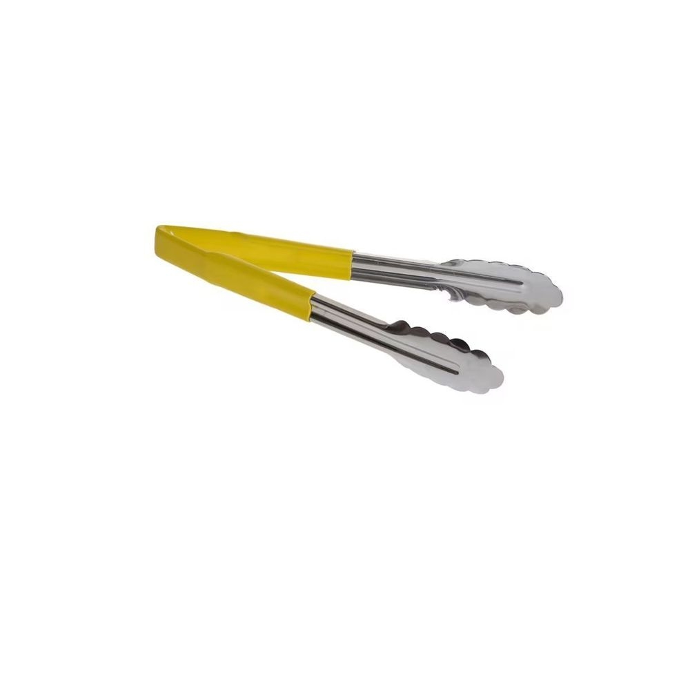 Tablecraft Stainless Steel Vinyl-Coated V-Hinge Tong with Yellow Handle, 9 inch
