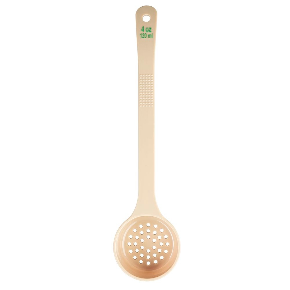 Tablecraft Polycarbonate Beige Perforated Long Handle Spoonout with Green Capacity Marking, 4 Ounce Capacity -- 12 per case