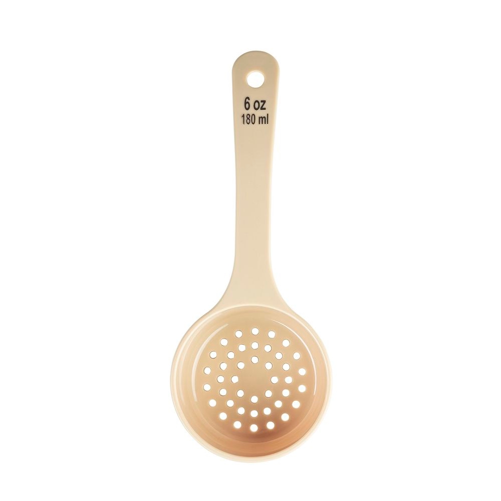 Tablecraft Polycarbonate Beige Perforated Short Handle Spoonout with Black Capacity Marking, 6 Ounce Capacity -- 12 per case