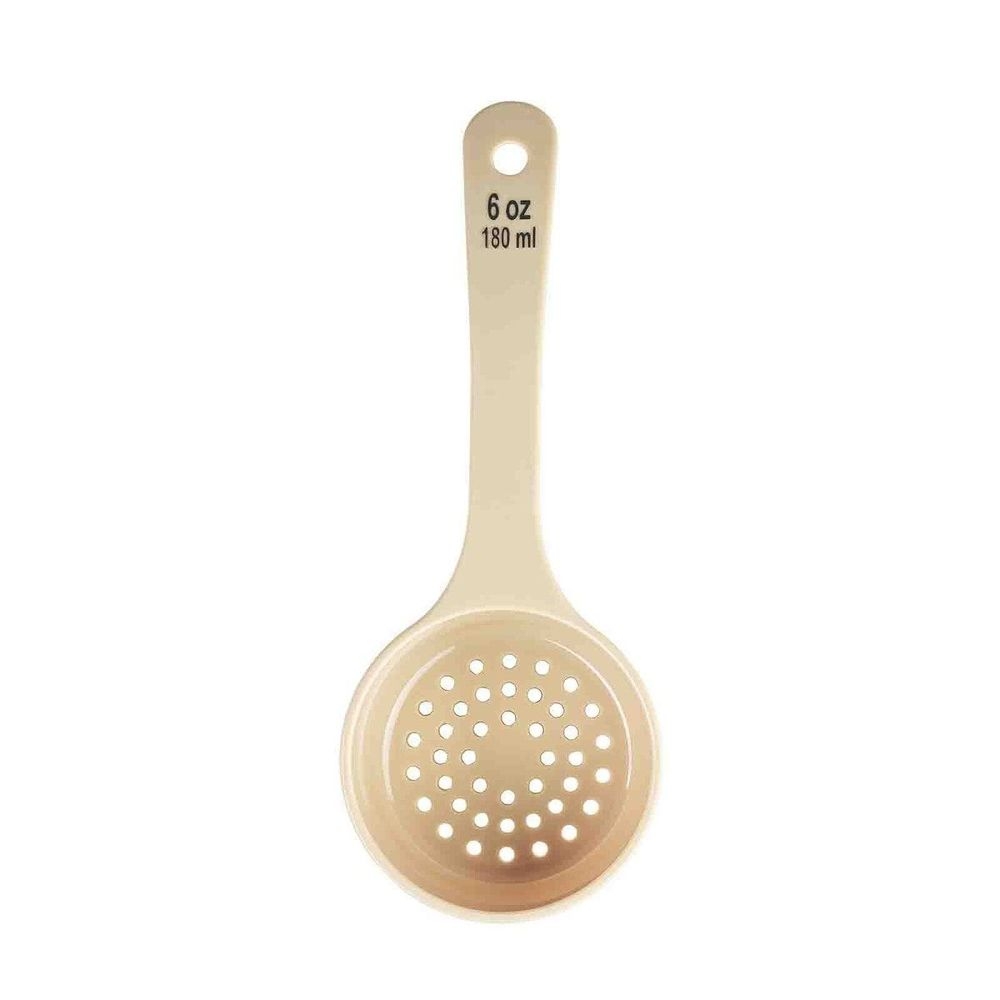 Tablecraft Polycarbonate Beige Perforated Short Handle Spoonout with Black Capacity Marking, 6 Ounce Capacity -- 12 per case