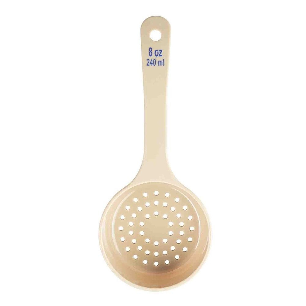 Tablecraft Polycarbonate Beige Perforated Short Handle Spoonout with Blue Capacity Marking, 8 Ounce Capacity -- 12 per case