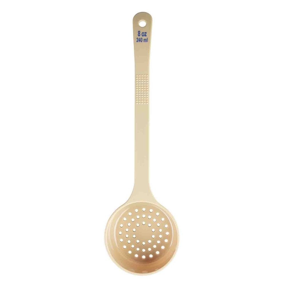 Tablecraft Polycarbonate Beige Perforated Long Handle Spoonout with Blue Capacity Marking, 8 Ounce Capacity -- 12 per case