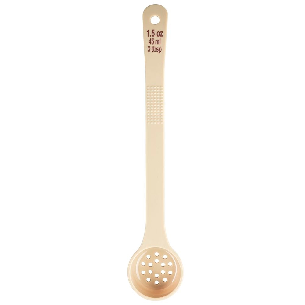 Tablecraft Polycarbonate Beige Perforated Long Handle Spoonout with Maroon Capacity Marking, 1.5 Ounce Capacity -- 12 per case