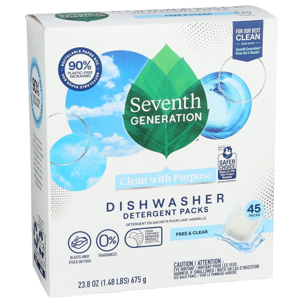 Seventh Generation Free and Clear Dishwasher Detergent Packs, 45 count -- 5 per case