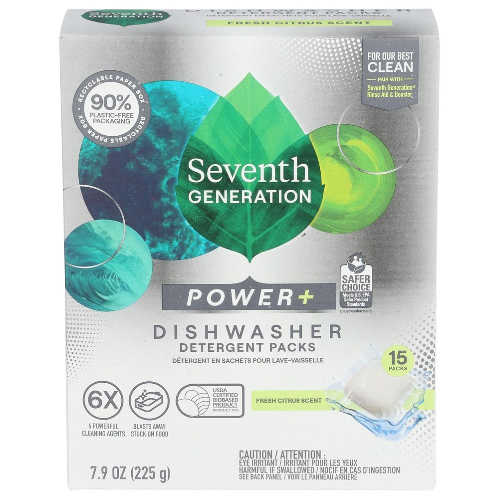 Seventh Generation Power Plus Fresh Citrus Scent Dishwasher Detergent Powder, 15 count -- 6 per case