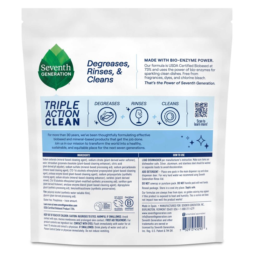 Seventh Generation Triple Action Clean Free and Clear Dishwasher Detergent Packs, 38 count -- 6 per case