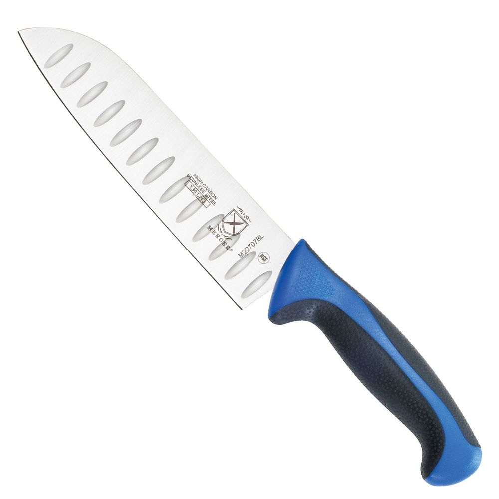 Mercer Culinary Millennia Granton Edge Santoku Knife with Blue Handle, 7 inch