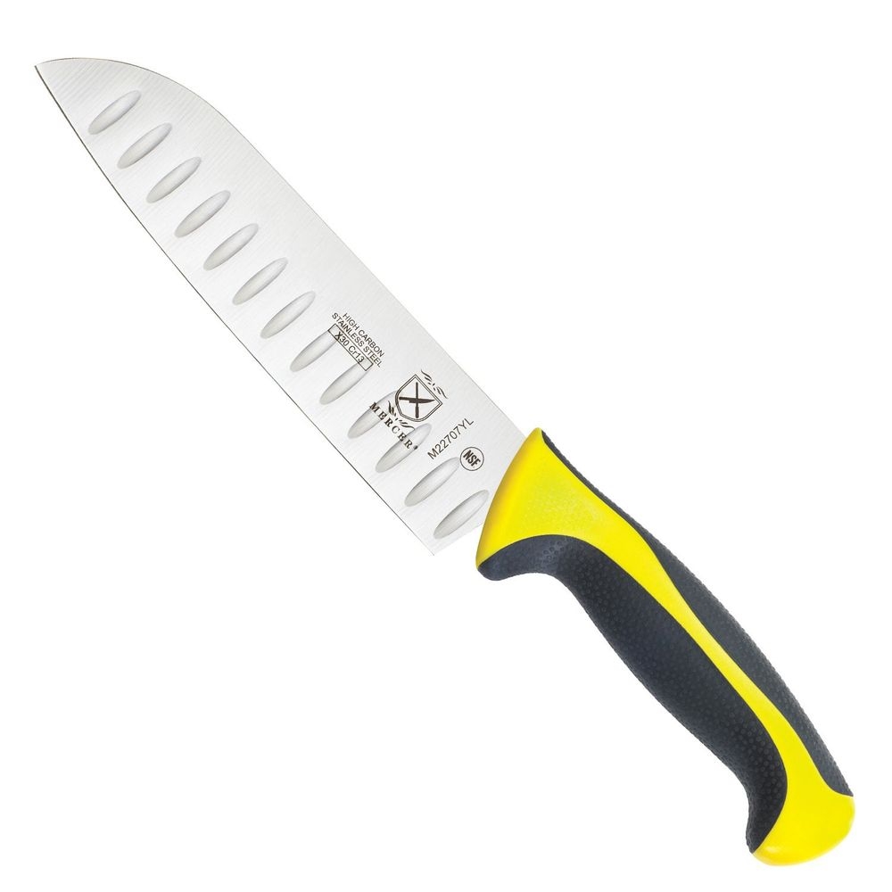 Mercer Culinary Millennia Granton Edge Santoku Knife with Yellow Handle, 7 inch