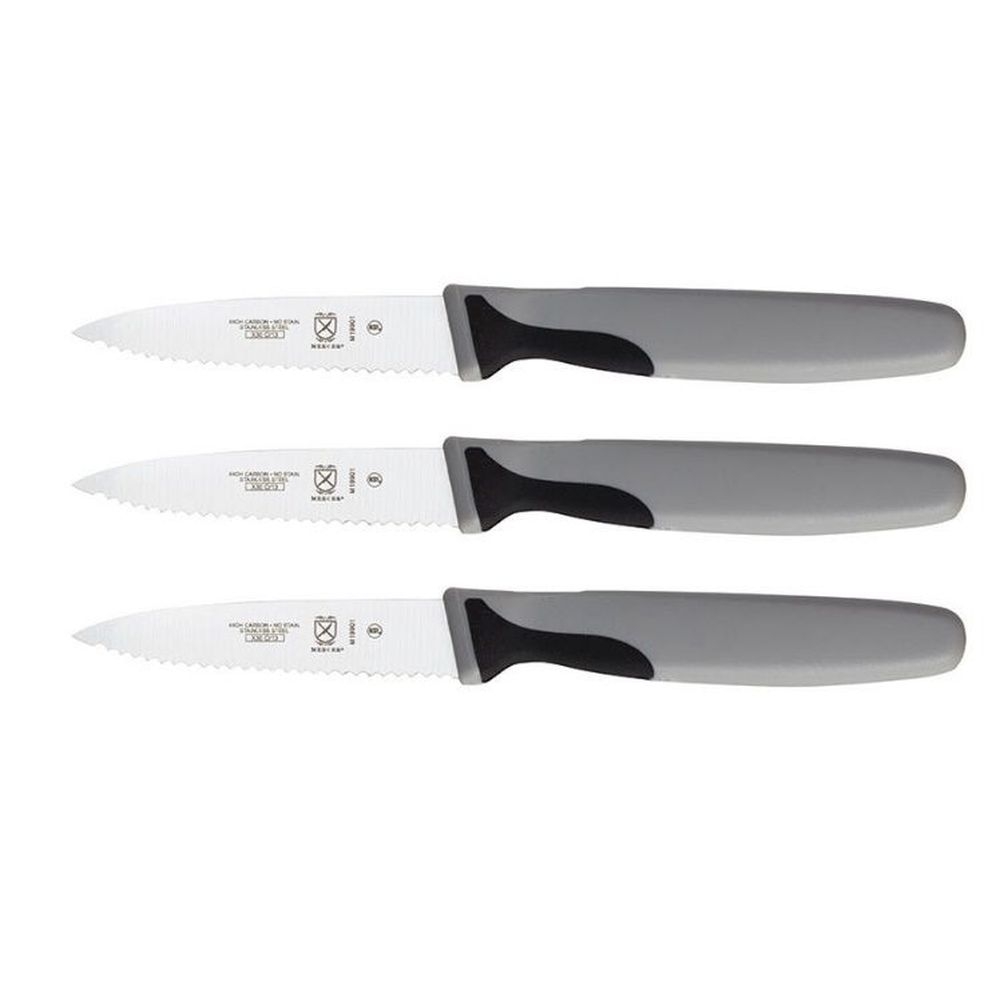 Mercer Culinary Millennia Black Slim Serrated Paring Knife, 3 inch - 3 per pack
