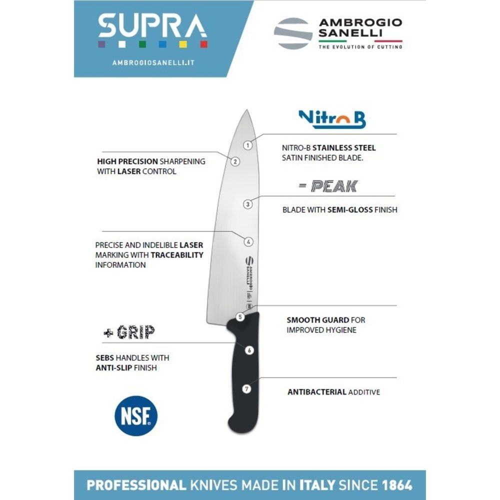 Ambrogio Sanelli Supra Chef Knife with Smooth Semi Polished Blade Finishing, 9.25 inch