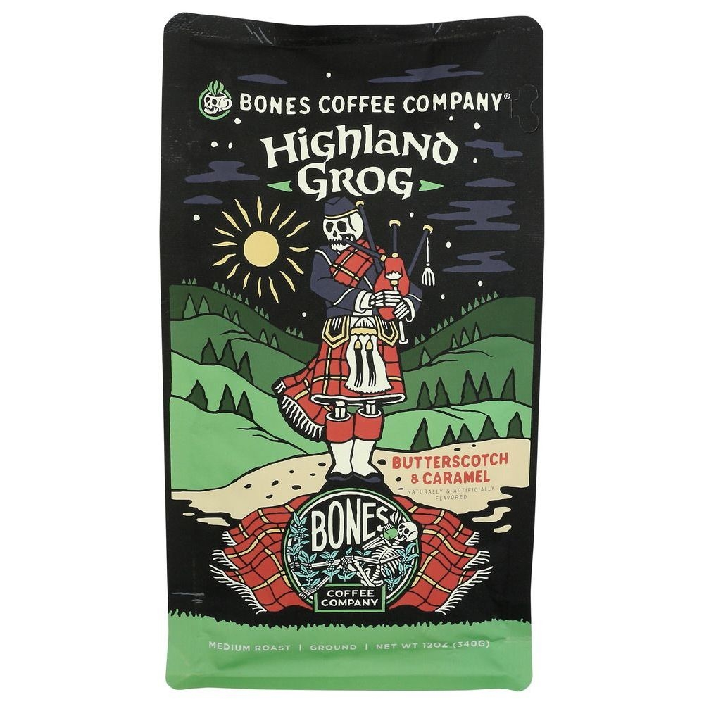 Bones Coffee Butterscotch and Caramel Flavored Highland Grog Ground Coffee, 12 Ounce -- 12 per case