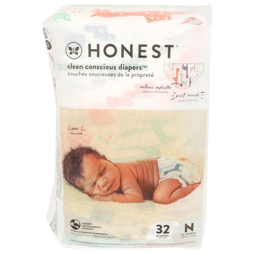 Honest Clean Conscious Diaper Multicolored Giraffes Lil Peanut Newborn Baby Diaper, 32 count