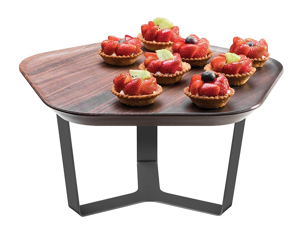 Rosseto Forme Melamine Polygon Walnut Tray with Three Leg Silver Riser, 14.5 x 14 x 7.5 inch