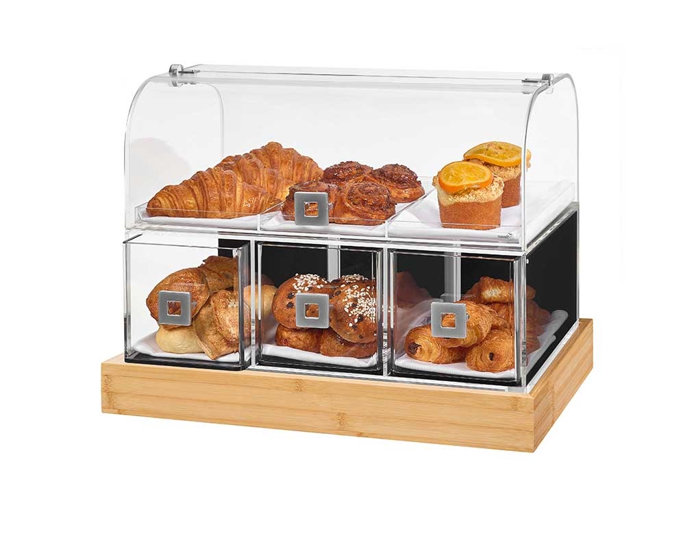 Rosseto Dome Three Drawer Bakery Case with Three Row Divider Tray and FRESH Bamboo Base, 21 x 13.63 x 16.38 inch