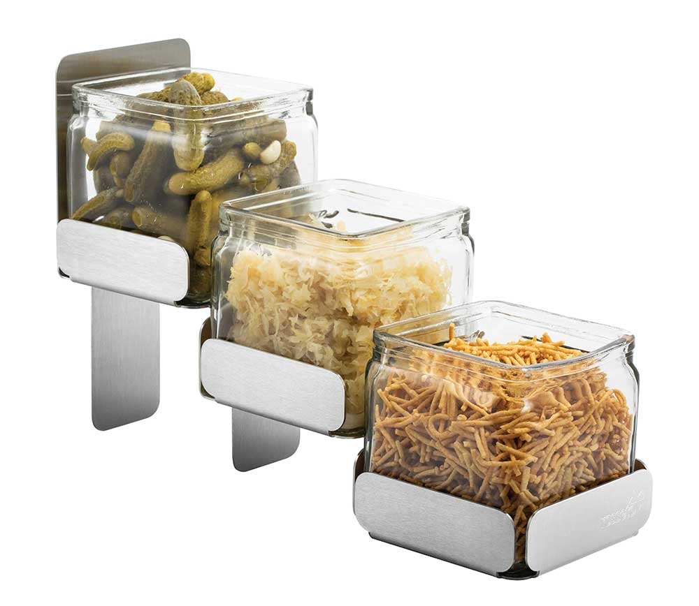 Rosseto 3 Level Stainless Steel Condiment Station with 3 Glass Jars, 4.25 x 12.38 x 8.25 inch