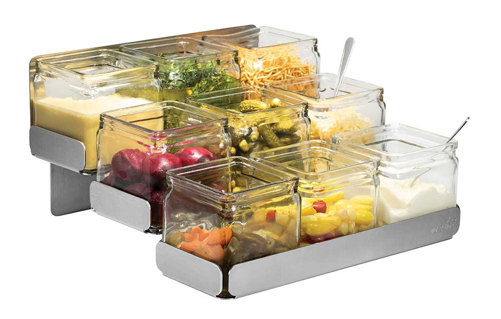 Rosseto 3 Level Stainless Steel Condiment Station with 9 Glass Jars, 12.6 x 12.4 x 6.9 inch