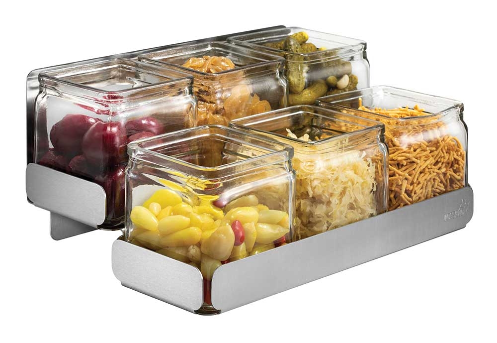 Rosseto 2 Level Stainless Steel Condiment Station with 6 Glass Jars, 12.5 x 8.5 x 5.38 inch