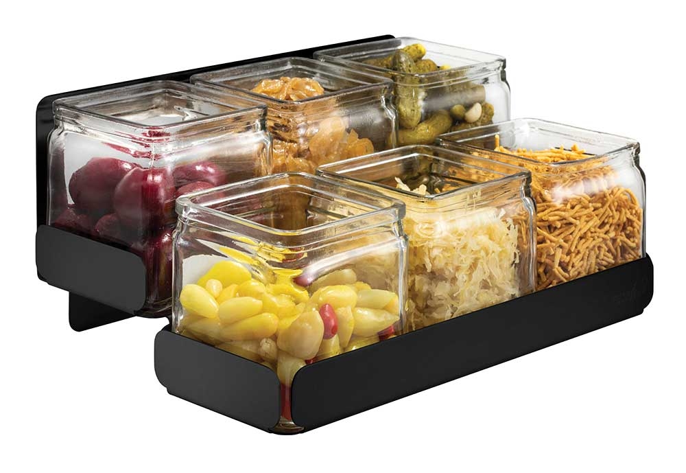 Rosseto 2 Level Black Matte Condiment Station with 6 Glass Jars, 12.5 x 8.5 x 5.38 inch
