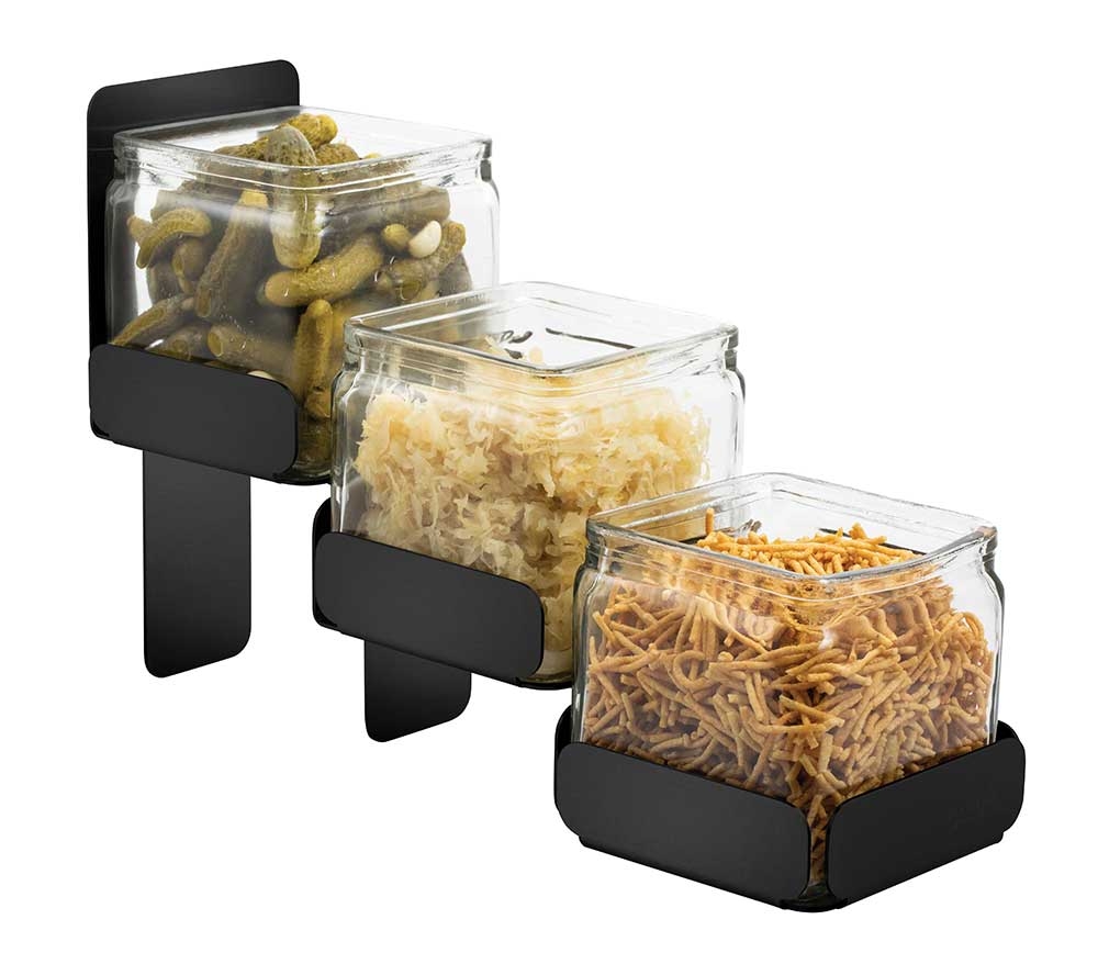 Rosseto 3 Level Black Matte Condiment Station with 3 Glass Jars, 4.3 x 12.4 x 8.3 inch