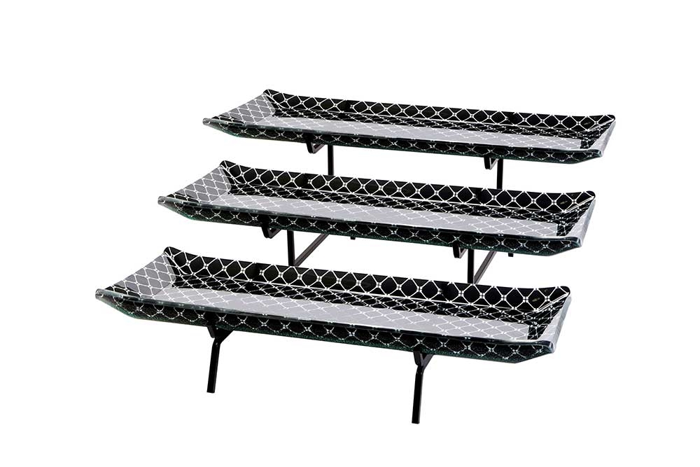 Rosseto Kalderon Three Level Black Metal Stand with Three Zenit Black Large 22.5 inch Rectangle Handmade Glass Trays, 22.25 x 22.5 x 9.63 inch