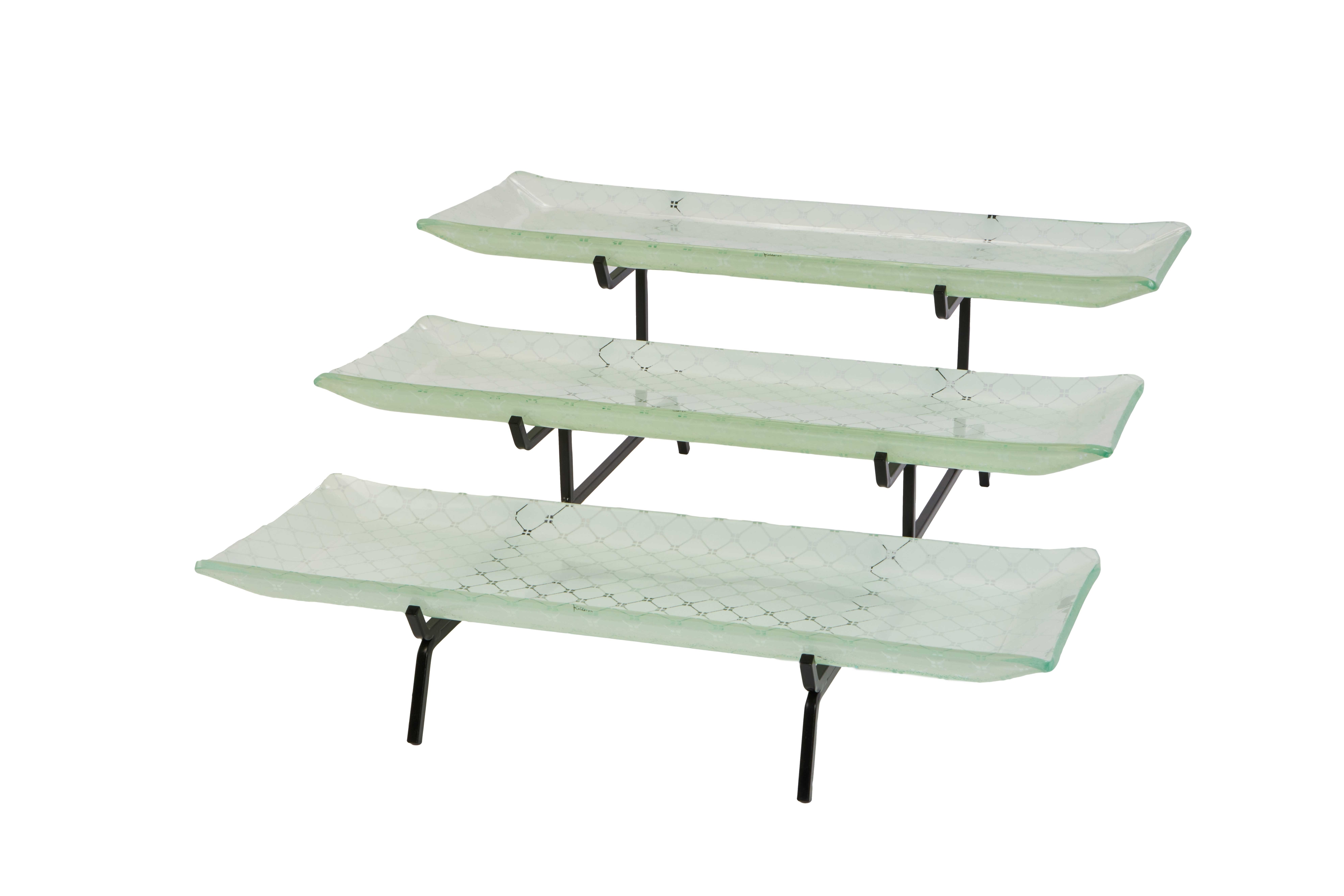 Rosseto Kalderon Three Level Black Metal Stand with Three Zenit White Large 22.5 inch Rectangle Handmade Glass Trays, 22.25 x 22.5 x 9.63 inch