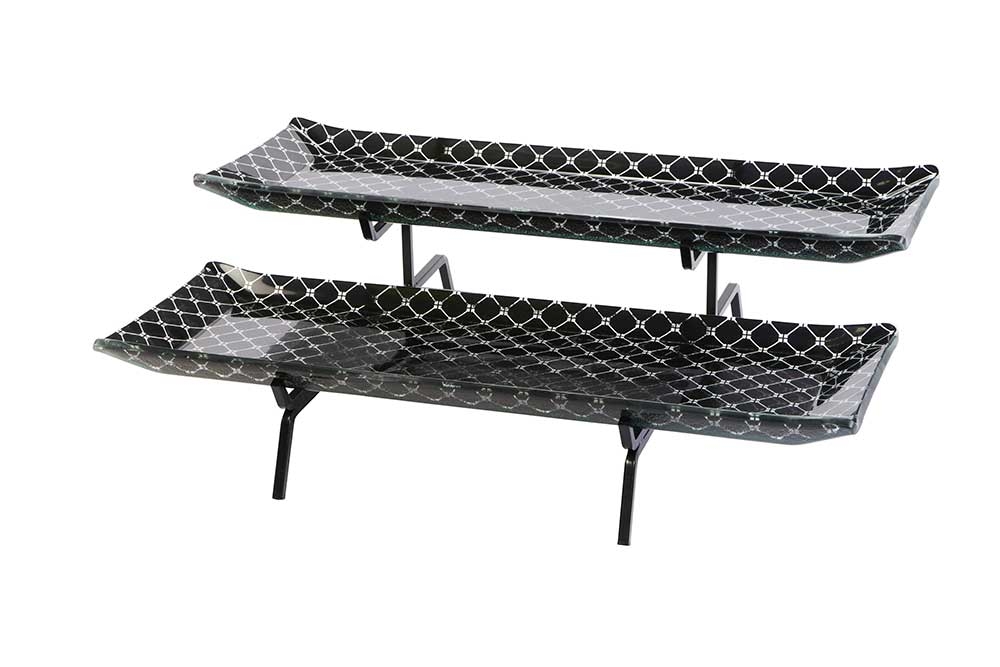 Rosseto Kalderon Two Level Black Metal Stand with Two Zenit Black Large 22.5 inch Rectangle Handmade Glass Trays, 22.25 Ã— 15.75 Ã— 7 inch