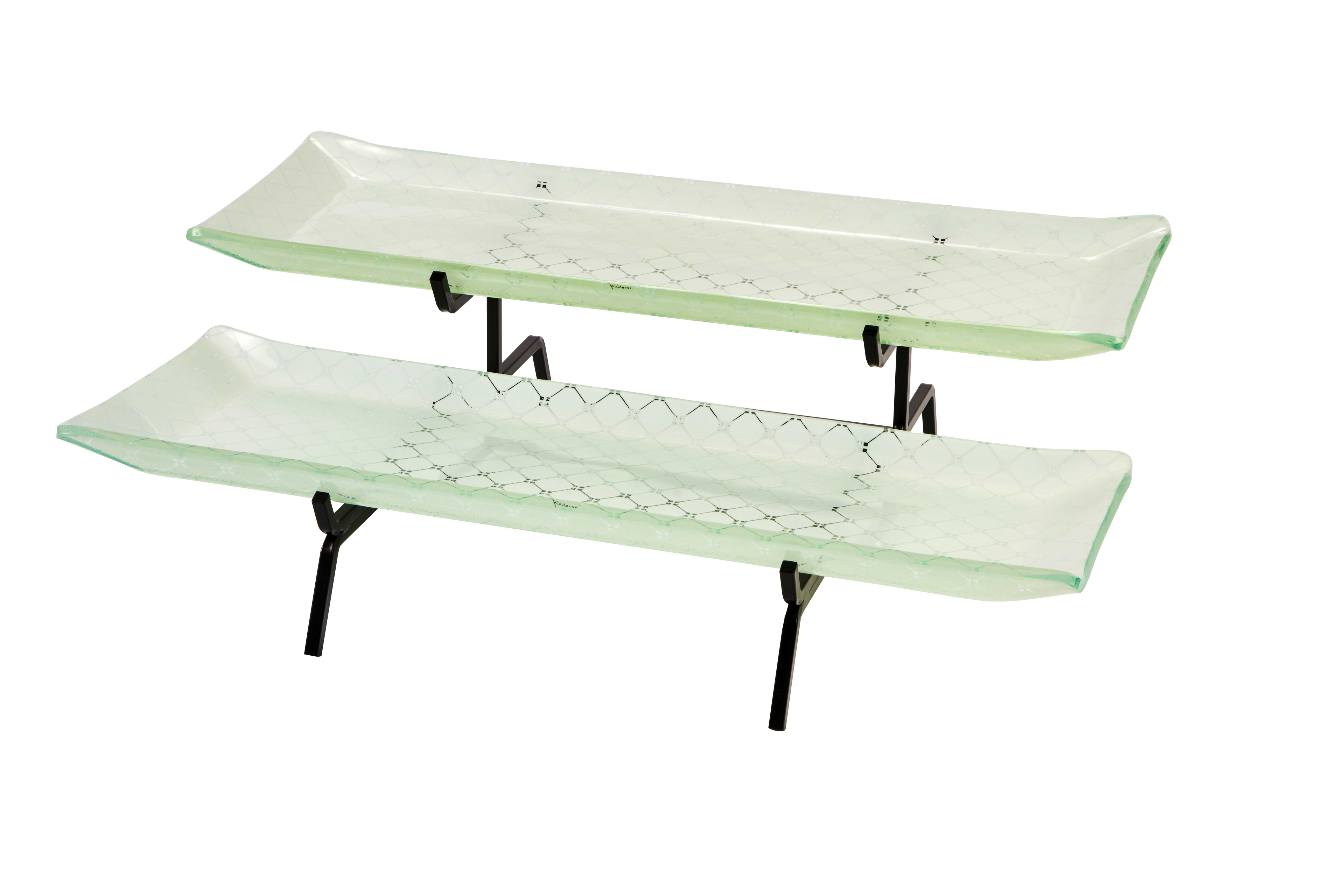 Rosseto Kalderon Two Level Black Metal Stand with Two Zenit White Large 22.5 inch Rectangle Handmade Glass Trays, 22.25 Ã— 15.75 Ã— 7 inch