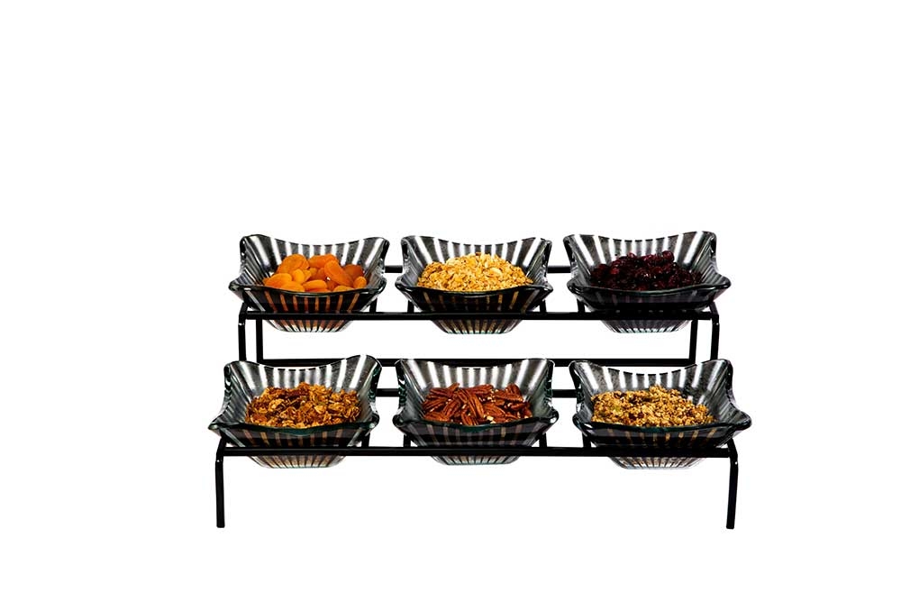 Rosseto Kalderon Two Level Black Metal Condiment Stand with Six Stelo Black 7 inch Square Handmade Glass Bowls, 20.5 x 14.88 x 5.75 inch