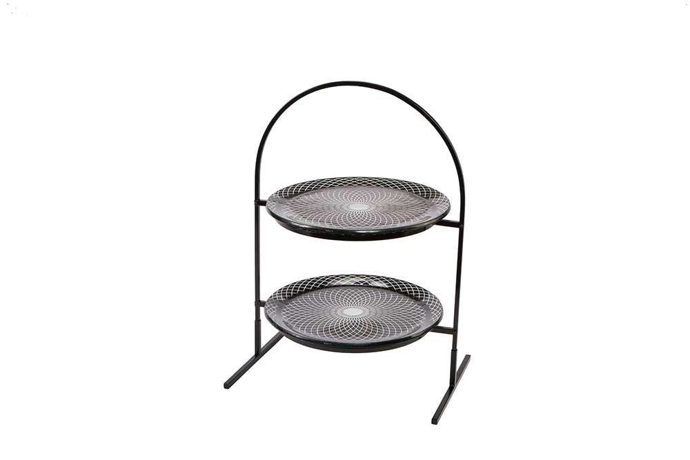 Rosseto Kalderon Two Level Round Black Metal Flat Packed Stand with Two Spiro Black 13 inch Round Handmade Glass Platters, 15.4 Ã— 10.63 Ã— 21.75 inch