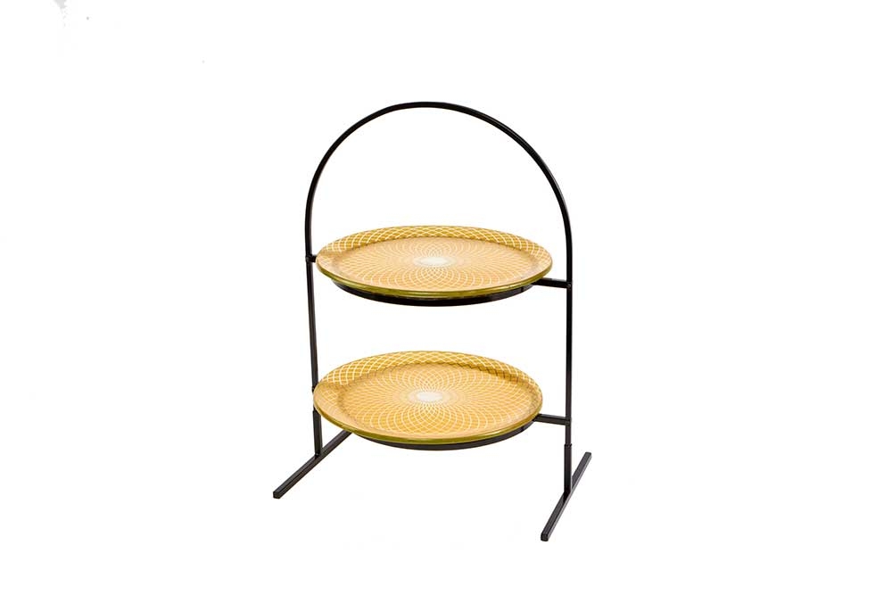 Rosseto Kalderon Two Level Round Black Metal Flat Packed Stand with Two Spiro Gold 13 inch Round Handmade Glass Platters, 15.4 Ã— 10.63 Ã— 21.75 inch