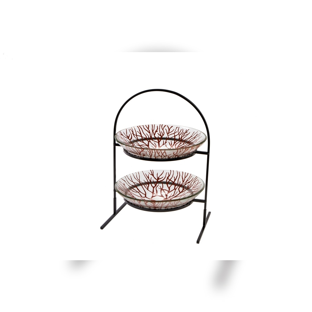Rosseto Kalderon Two Level Round Black Metal Flat Packed Stand with Two Radici Cognac 14 inch Round Handmade Glass Bowls, 15.4 Ã— 10.63 Ã— 21.75 inch
