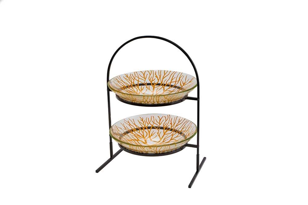 Rosseto Kalderon Two Level Round Black Metal Flat Packed Stand with Two Radici Mustard 14 inch Round Handmade Glass Bowls, 15.4 Ã— 10.63 Ã— 21.75 inch